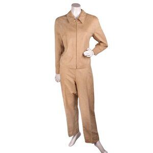 Vintage CLEO Petites Pant Suit Blazer Faux Suede 90s Tan Microsuede Office Soft